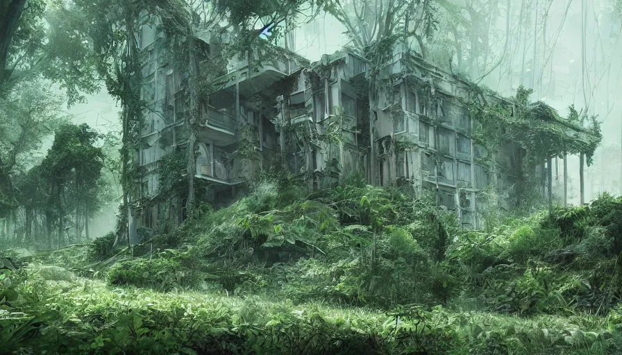 Image similar to Abandoned sanatorium covered by vegetation, hyperdetailed, artstation, cgsociety, 8k