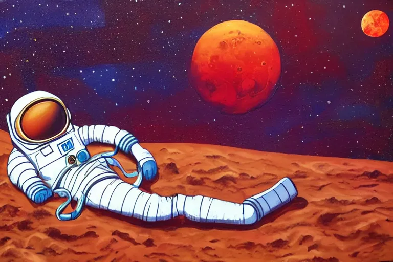 Image similar to an astronaut laying on mars in the style of flooko, acrylic art, detailed, moonlight