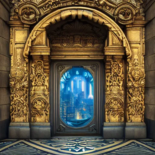 Image similar to carved futuristic door at the end of ornate steps shows a large window to a city detailing the vast architectural scientific ancient and cultural acheivements of humankind, magical atmosphere, renato muccillo, andreas rocha, johanna rupprecht, beardsley, octane render, cinematic blue and gold