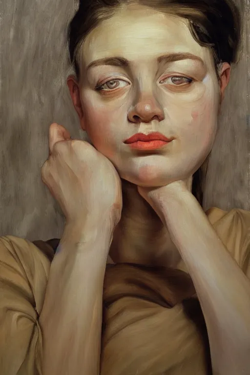Image similar to high quality high detail oil painting of a young woman by lucian freud, painterly thick brushstrokes, hd, photorealistic lighting