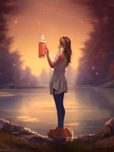 Image similar to a serene woman, pouring a jar near a lake. stars shining bright in the background. elegant, highly detailed, digital painting, artstation, concept art, sharp focus, illustration, by justin gerard and artgerm, 8 k