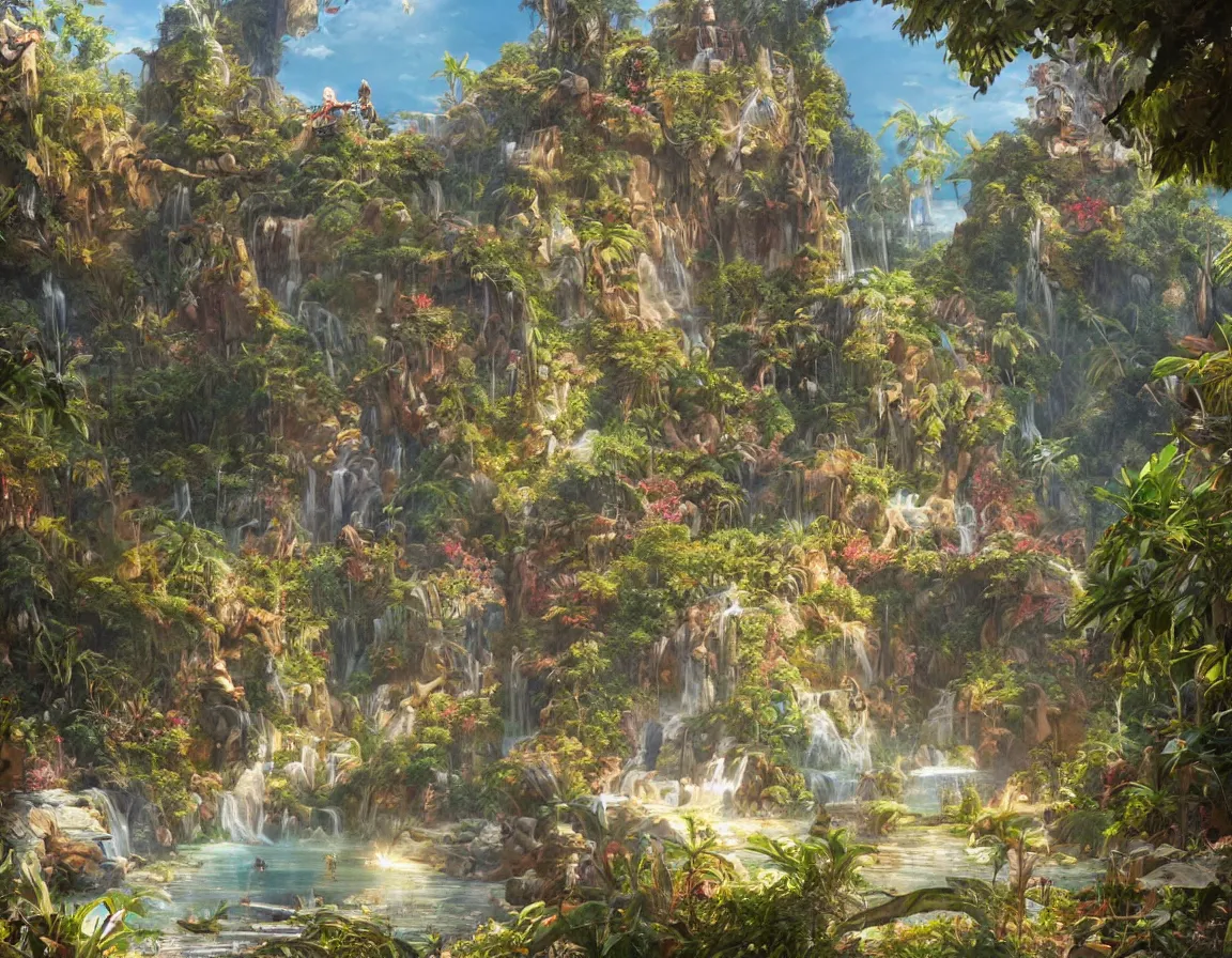 Prompt: ultra realistic illustration of magical shangri - la island, in the land of eden, hd, hdr, cinematic 8 k, ultra detailed, high resolution, smooth, sharp focus, illustration, art by artgerm and greg rutkowski and alphonse mucha