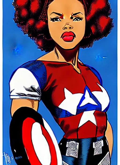 Image similar to beautiful black female captain america. afro - feminist captain america wins wwii. american wwii propaganda poster by carole feuerman, masamune shirow, rob liefeld and pixar. gorgeous face. pin up model. overwatch, realistic, black power, patriotic