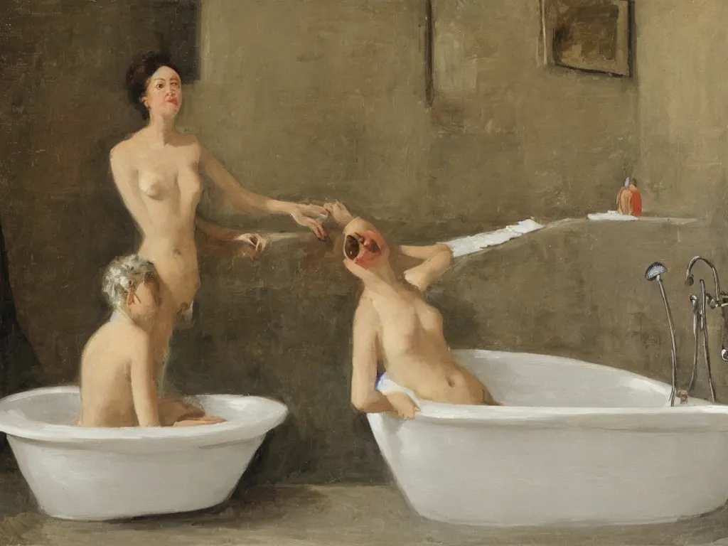 Prompt: woman in a bathtub. painting by fuchs ernst
