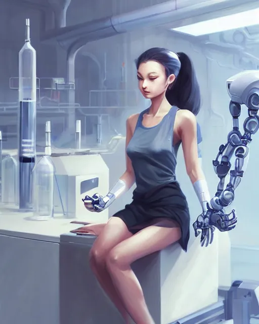 Prompt: concept art of a sleek robotic girl sitting in a lab, wearing a tank top | | cute - fine - fine details by stanley artgerm lau, wlop, rossdraws, and sakimichan, trending on artstation, brush strokes