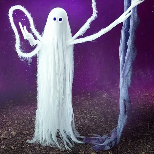 Prompt: ethereal spectral live action muppet ghost like figure with a parasitic squid head taking over its own with four long tentacles for arms that flow gracefully at its sides like a cloak, it has a mermaid like body with a snake tail instead of legs, it stalks around frozen forests searching for lost souls to consume, hides in the shadows of trees, this character uses hydrokinesis and electrokinesis, it is a real muppet by sesame street, photo realistic, real, realistic, felt, stopmotion, photography, sesame street, monsters inc pixar