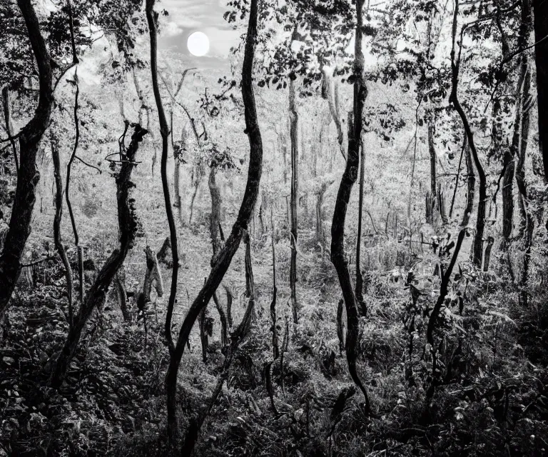 Prompt: a lush dense forest, glowing vines, black and white wildlife, moon shining, soft tones, highly detailed, 50mm