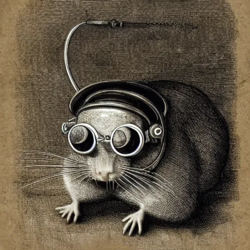 Image similar to a rat with steampunk googles, by Leonardo DaVinci