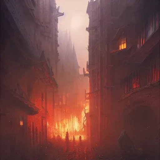 Prompt: A painting of a medieval city, dark fantasy, burning buildings, big red moon in the skies, city covered in fog, hyper detailed, high contrast, by Greg Rutkowski, trending on artstation