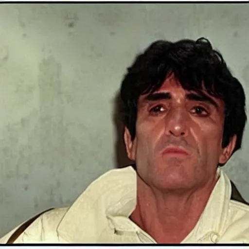 Prompt: tony montana with the face of bush sniffing tiny immigrants