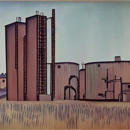 Prompt: grain elevators, 1 9 3 0 s, by charles e. burchfield