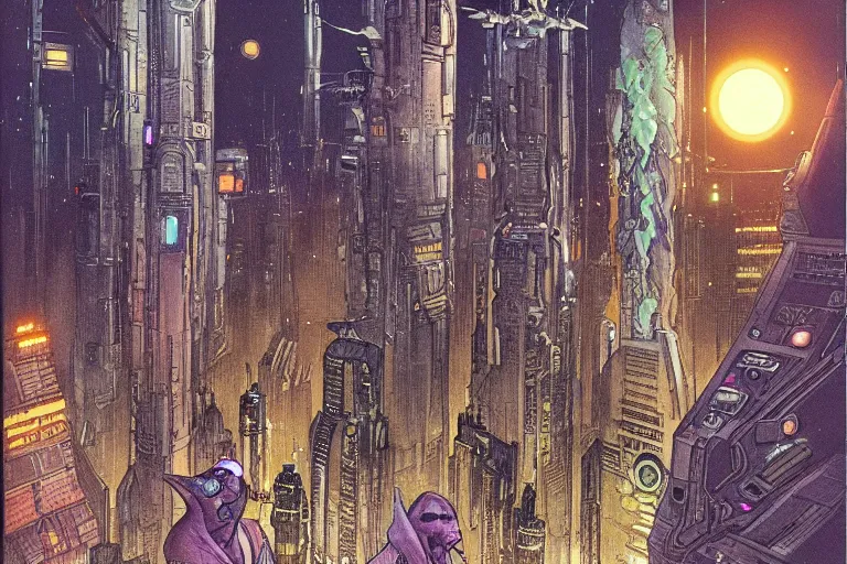Prompt: a scifi illustration, Night City on Coruscant by m w kaluta