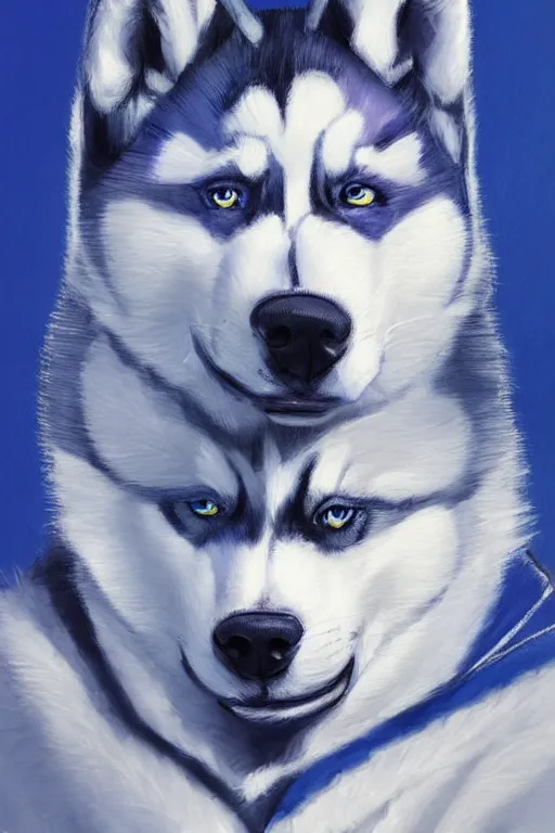 Image similar to a character design of a husky athlete in blue vest, portrait painting, anime, humanoid, anthropomorphic, personify, furry