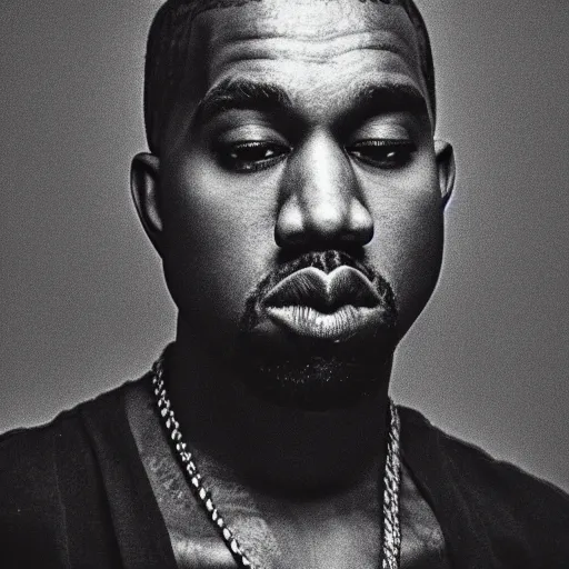 Image similar to the face of young kanye west wearing yeezy clothing at 2 0 years old, black and white portrait by julia cameron, chiaroscuro lighting, shallow depth of field, 8 0 mm, f 1. 8