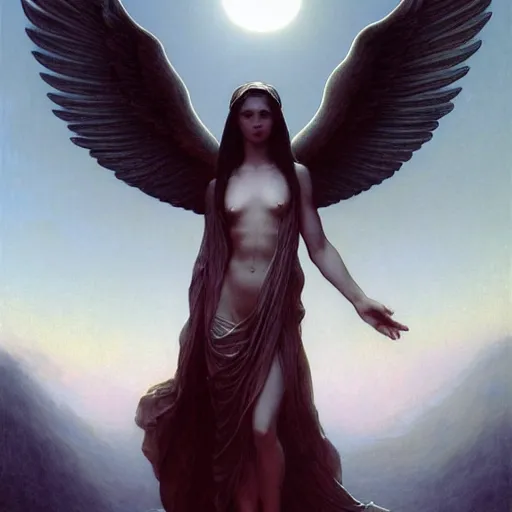 Image similar to A biblically accurate winged Angel with eyes within and without, LSD trip, fullbody, artstation, fantasy, concept art, dark, moonlight, incredible, smooth, sharp focus, illustration, art by greg rutkowski and orientalism and bouguereau and Zdzislaw Beksinski, good clear quality, lighting, biology, symmetrical artwork, perfect face, 135 mm, cinematic, hyper realism, high detail, octane render, 8k, chrome accents