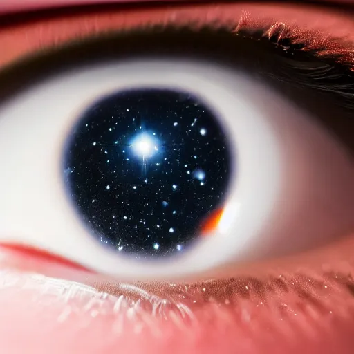 Image similar to macro photo of a human eye, galaxy reflecting off the eye, studio lighting, photorealistic
