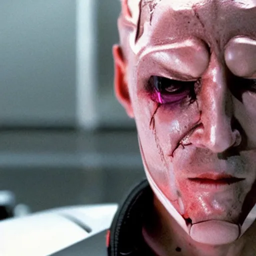 Prompt: movie still of a villain cyborg, facial expression, cinematic composition, cinematic light, surreal cinema, by edgar wright and david lynch,