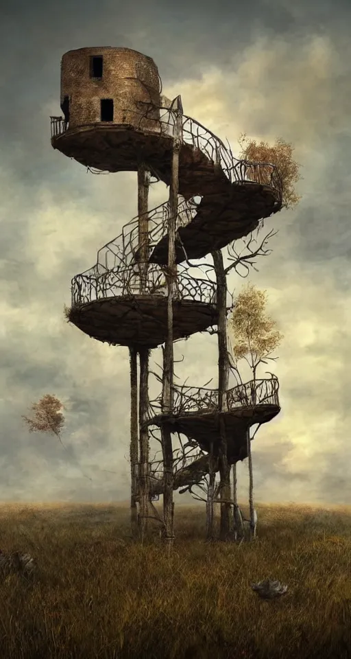 Image similar to tree house on a rusty broken building constructions of a giant upside - down spiral edgy staircase, leading to the sky, the ruins, in the steppe, autumn field, misty background, from the game pathologic 2, highly detailed, sharp focus, matte painting, by isaac levitan and asher brown durand,