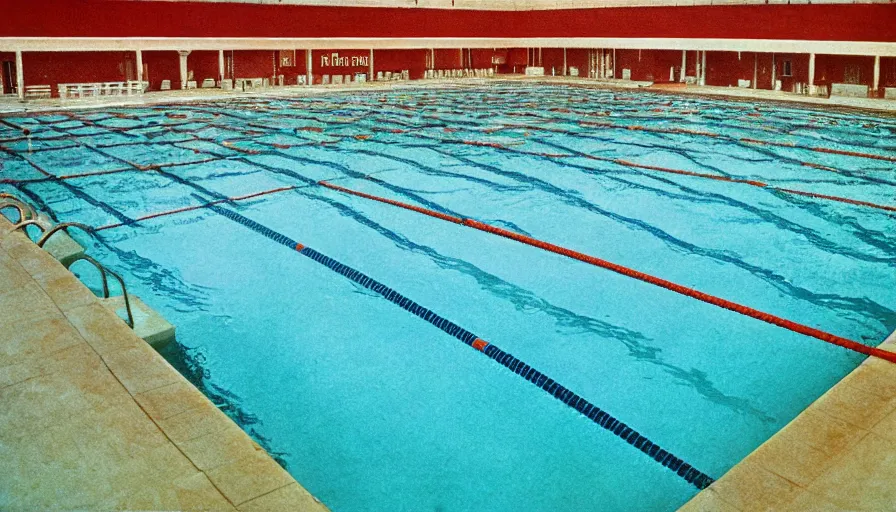 Image similar to 7 0 s movie still of an empty soviet stalinist style swimming pool flooded in water, eastmancolor, heavy grain, high quality, high detail