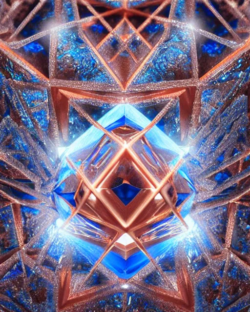 Image similar to beautiful concept art of a diamond filled with copper veins, blue translucent resin, bioluminescent, ultra realistic, ultra detailed, masterpiece by mc escher and hr giger, 8 k octane render, ambient diffusion, subsurface scattering, trending on artstation, cgstudio