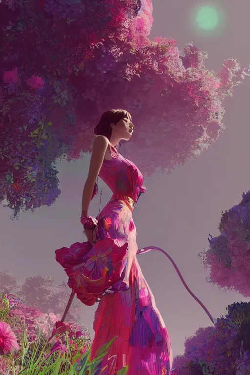 Image similar to elegant, beautiful woman in colourful clothing, ultrafine illustrated, ultradetailed flowery environment, by conrat roset, makoto shinkai, craig mullins, alphonse murac, detailed artwork, extremely detailed and high quality, global illumination, octane render, digital art trending on artstation