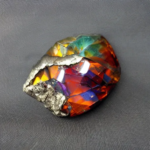 Image similar to 4 eyed crystal piece of metal, rough, deep gorgeous colors, ultra detailed