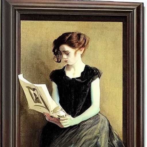 Image similar to scared young victorian lady reading a horror book with an occult symbol on the cover, painted by alfred stevens