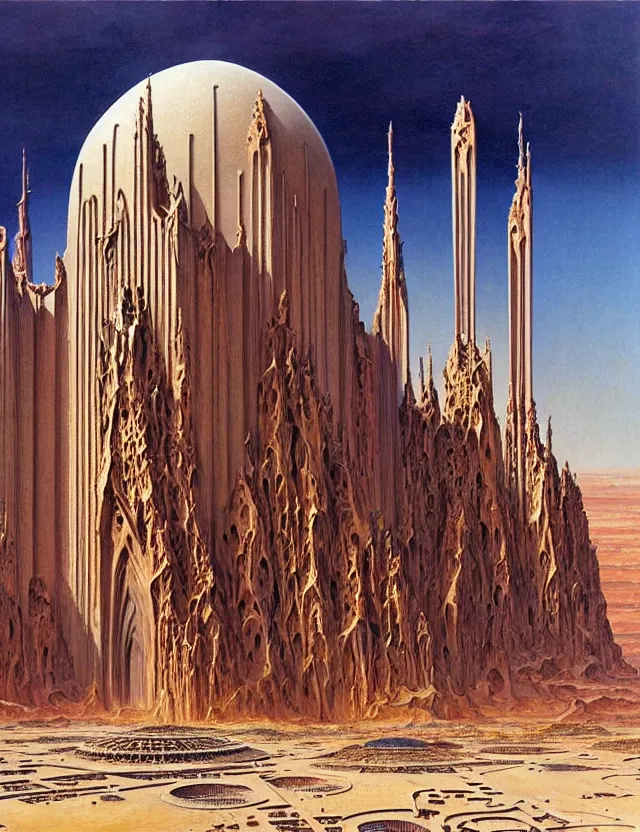 Prompt: giant immense crematorium advanced technology sci - fi architectural structure on desert planet, gothic architecture fantasy, d & d, intricate, painting by lucian freud and mark brooks, bruce pennington