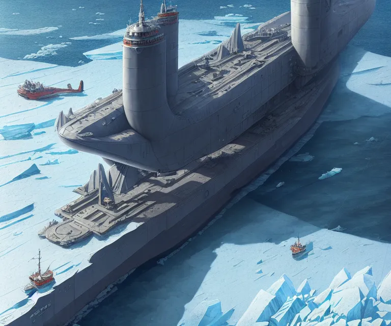 Image similar to one singular solo gray enormous gigantic steel ship - shaped fortress sailing across an icy frozen ocean. masterpiece, cinematic, octane render, depth of field, bokeh, architecture, aerial view, art by tom bagshaw, geof darrow, james gurney, filip hodas