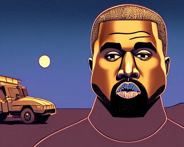 Image similar to a study of cell shaded cartoon of kanye west on a desert road, in front of a big moon illustration, wide shot, muted colors, post grunge, concept art by josan gonzales and wlop, david rubin, mike mignola, laurie greasley, highly detailed, sharp focus, trending on artstation, hq, deviantart, art by artgem