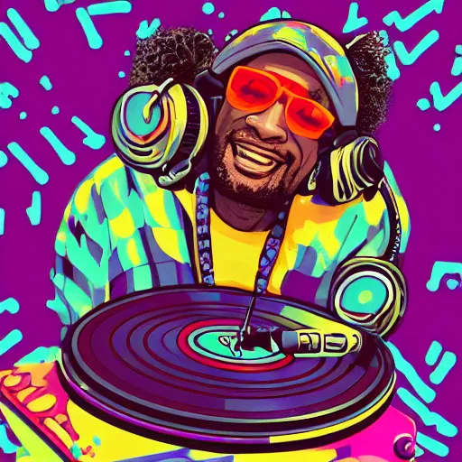 Image similar to svg sticker of a Dancing-Ben-Harper-Snoop-Spike-Lee-with-a-large-Afro-Puff, at a rave, spinning records, giant headphones rocking out, wearing headphones, huge speakers, dancing, rave, DJ, spinning records, digital art, amazing composition, rule-of-thirds, award-winning, trending on artstation, featured on deviantart