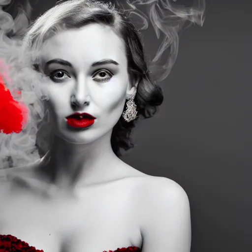 Prompt: a detailed photo of woman in evening dress and smoke around the woman, noire photo, grayscale photo with red dress, photo by Michael David Rock, 8K, 50mm lens