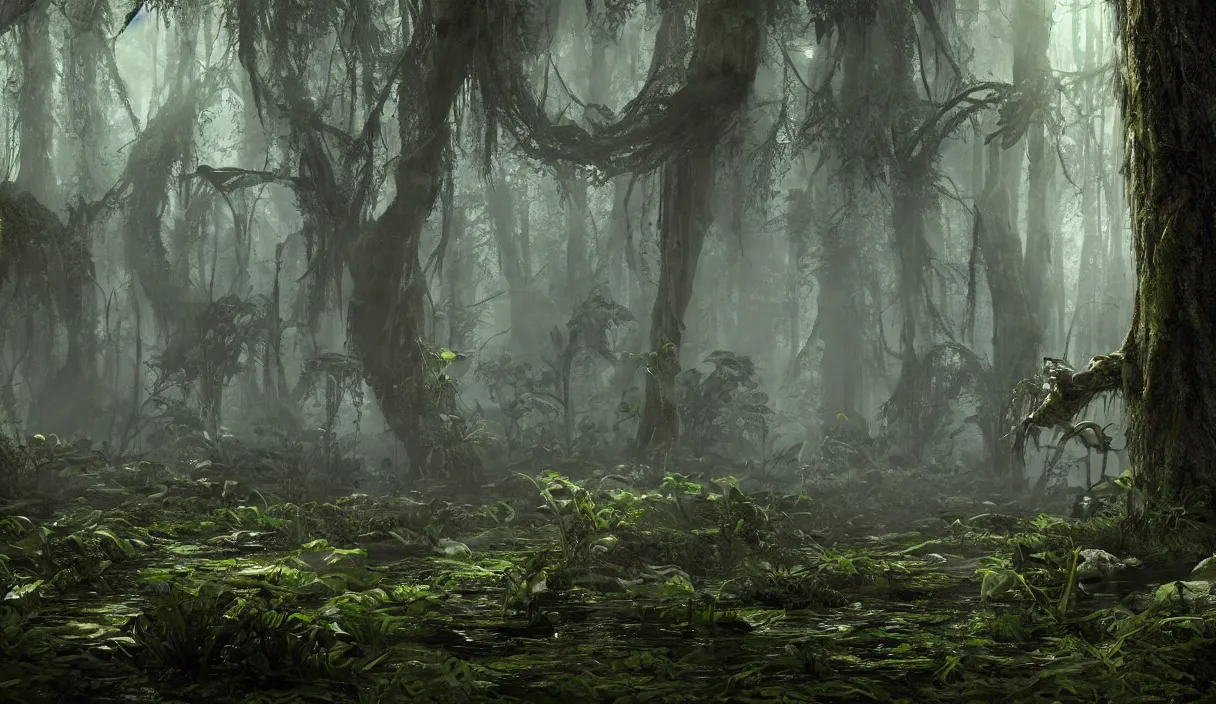 Image similar to monstrous carnivorous plants hunting insect in prehistorical forest, murky water, reflections, contrasting light, attention to detail, dark and dramatic atmosphere, volumetric fog, raytracing, back light, raymarching, by ilm, by digital domain, by weta digital