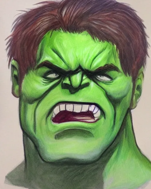 Prompt: Hulk painted by a 4 year old, crayons on paper