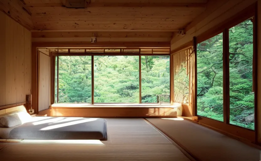 Image similar to bedroom in japanese style, rustic wood, bright, one large window in the back with a view of a forest, green walls, zen, feng shui, minimalistic, retro design, swedish design