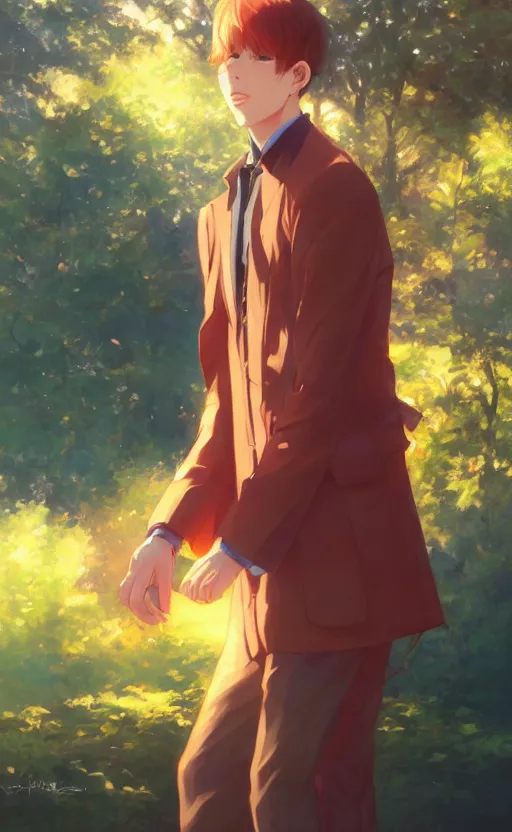 Image similar to a portrait of a male character on a park, vivid colors, soft lighting, atmospheric, cinematic, moody, in the style of ilya kuvshinov and range murata, krenz cushart, rule of thirds, oil on canvas, 8 k