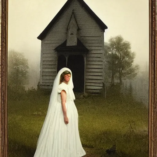 Image similar to picture of ghostly bride in front of an old wooden white church, 1 9 th century southern gothic scene, made by achenbach, andreas