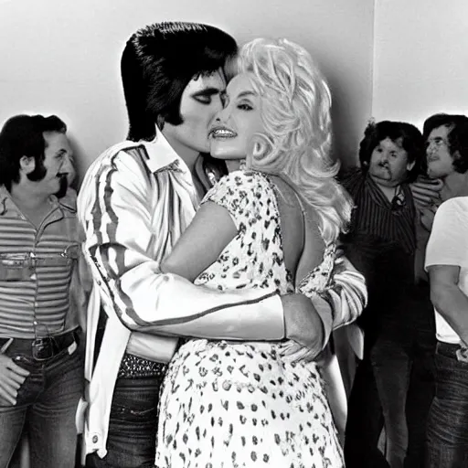 Image similar to dolly parton hugging elvis, curvy body, 1970s, photograph