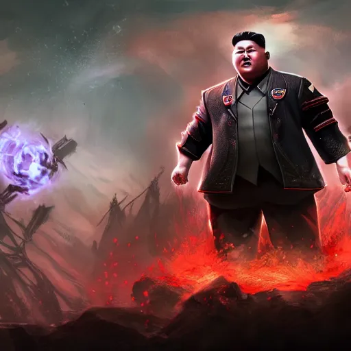 Image similar to portrait of kim - jong un as a spellcaster, league of legends amazing splashscreen artwork, gears of war, propaganda, sovjet, splash art, natural light, elegant, photorealistic facial features, intricate, fantasy, detailed face, atmospheric lighting, anamorphic lens flare, cinematic lighting, league of legends splash art, hd wallpaper, ultra high details by greg rutkowski