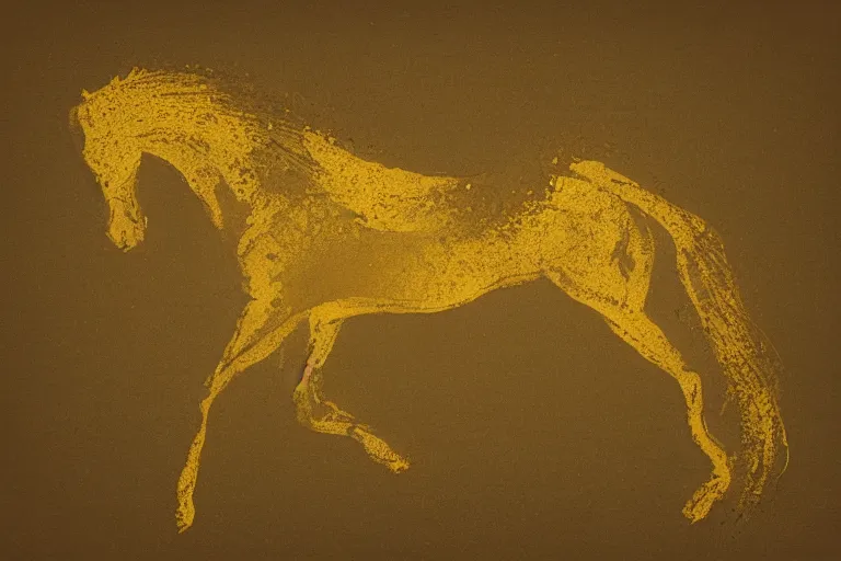 Image similar to beautiful serene horse, healing through motion, minimalistic golden ink aribrush painting on white background