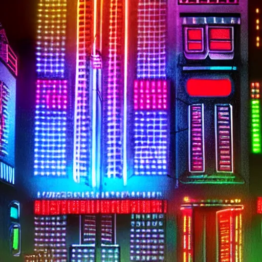 Prompt: cybernetic neon lit ndebele homestead seen from the front, street scene in blade runner