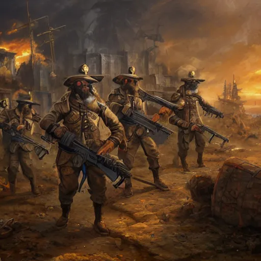 Image similar to oil painting of many hamster soldiers holding rifles, close shot, medium shot, steampunk clothes, steampunk city background, sharp focus, fantasy style, octane render, volumetric lighting, 8k high definition, by greg rutkowski, highly detailed, trending on art Station, dungeons and dragons artwork, centered