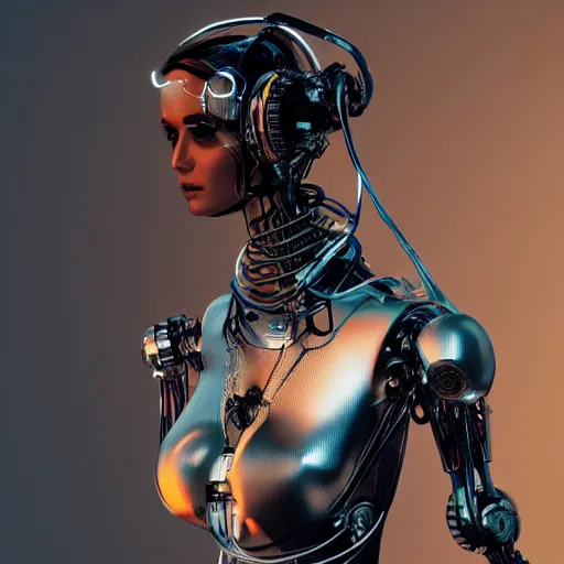 Image similar to a beautiful woman wearing robot suit with wires and light, highly detailed, photorealistic, artstation, smooth