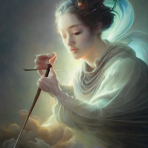 Image similar to Hyperrealistic beautiful detail matte 3d painting of a very beautiful priest with spear of darkness and dark smoke aura by ellen jewett, dan Mumford, beeple, Alex grey, monia merlo, Miho Hirano tomasz alen kopera and Justin Gerard