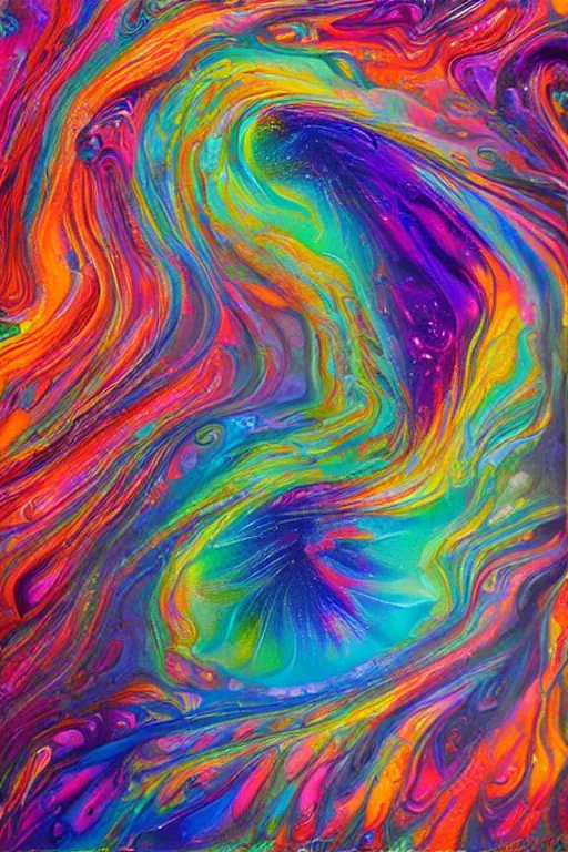 Prompt: ultra detailed acrylic pour fluid dynamics flow art a painting of a iridescent nebular with a colorful swirl shimmering with pearlescence, acrylic marbling art by sam spratt, rhads, deviantart, psychedelic art, psychedelic, cosmic nebula, chromatic
