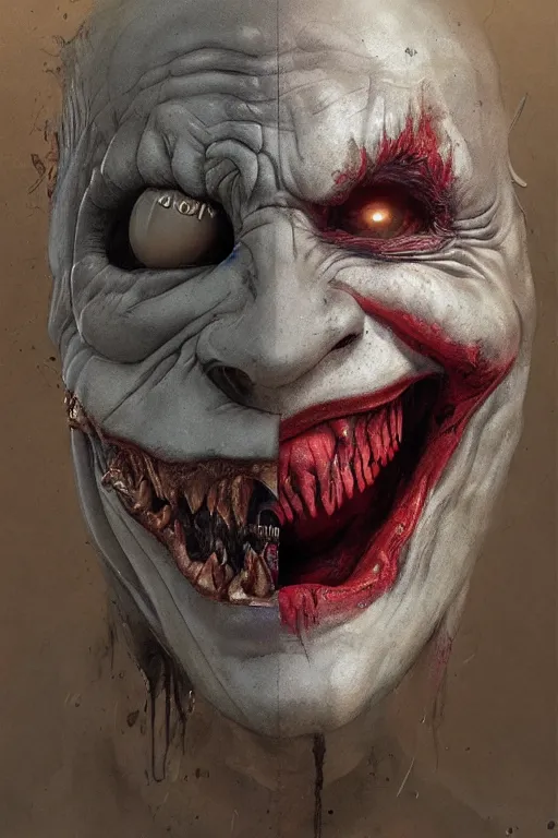 Image similar to Portrait of rotten, distorted, laughing Joker, dc comics, dark, intricate, smooth, artstation, painted by Wayne Barlowe, Greg Rutkowski, Zdislav Beksinski