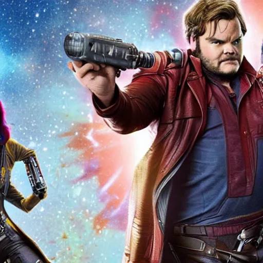 Image similar to film still of Jack Black as Star Lord in Guardians of the Galaxy