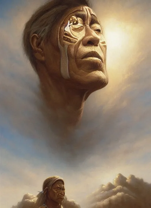 Image similar to faces of old indigenous people embedded made of clouds in the sky, art by christophe vacher