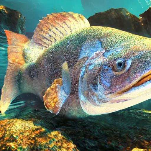 Image similar to incredibly detailed atlantic cod, hyper realistic, underwater, dynamic camera angle