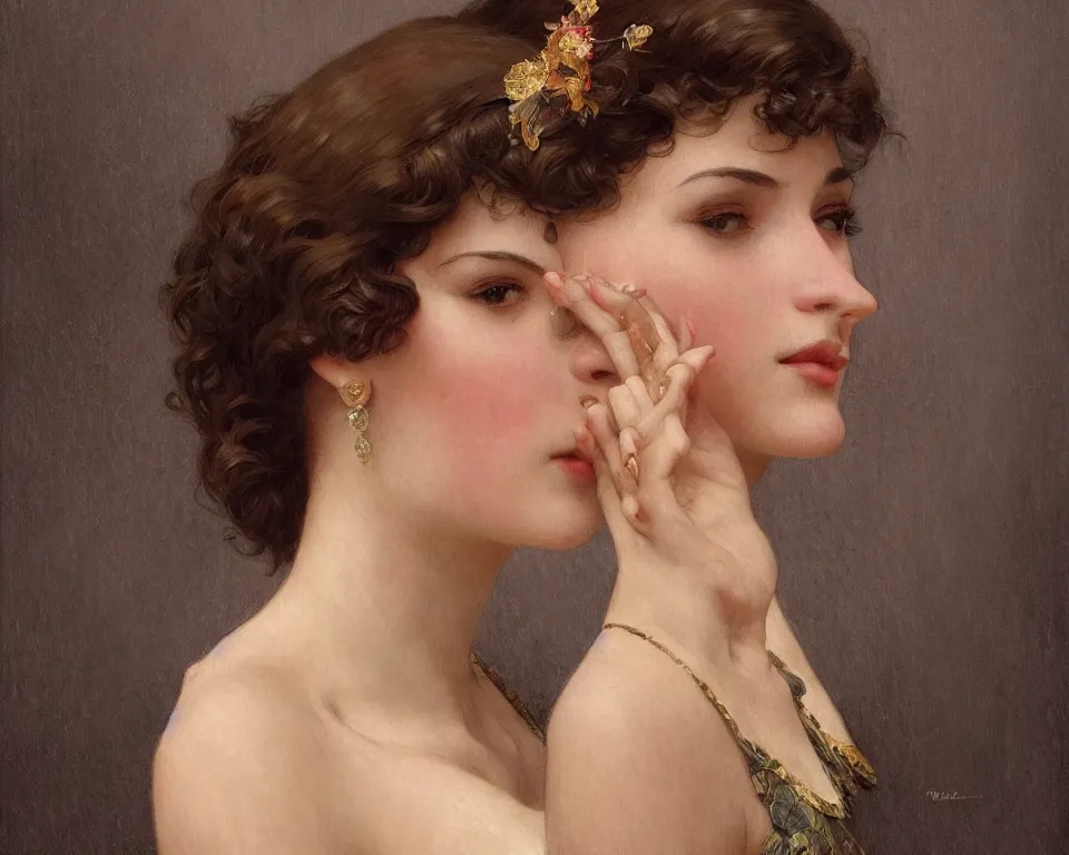 Image similar to portrait beautiful flapper girl, intricate, elegant, highly detailed, 1 9 2 0's style speakeasy, digital painting, artstation, concept art, smooth, sharp focus, illustration, art by artgerm and greg rutkowski and alphonse mucha and william - adolphe bouguereau